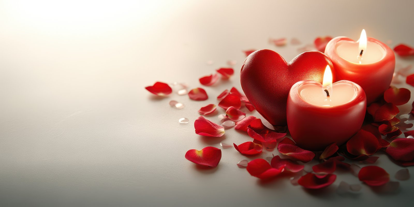 Romantic setting with red candles and heart shapes surrounded by rose petals
